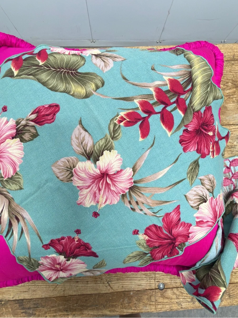 Tropical Floral Napkins - Turquoise with Pink Hibiscus